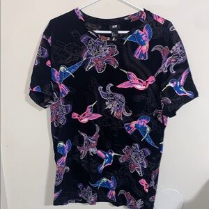 H&M Black T-Shirt with Colorful Bird Print